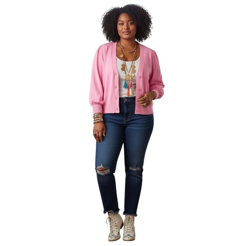 Crown & Ivy Womens Cardigan Sweater V-Neck Long Sleeve Knit Pink Size XXL